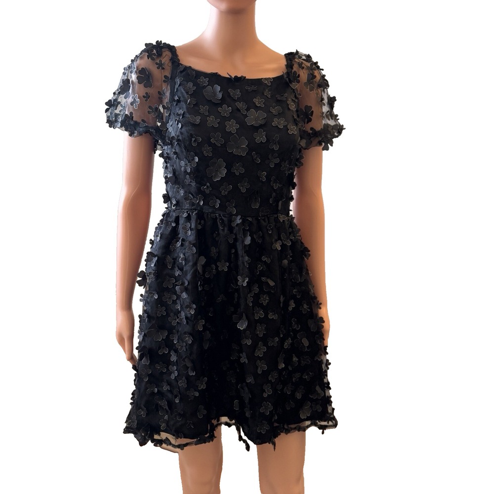 Forever 21 Black Babydoll‎ Mini Dress size S Fairycore Floral Appliqué
